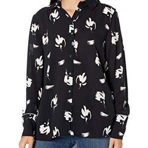 A|X Armani Exchange Women's Floral Print Long Sleeve Shirt, Black/White Micro- L